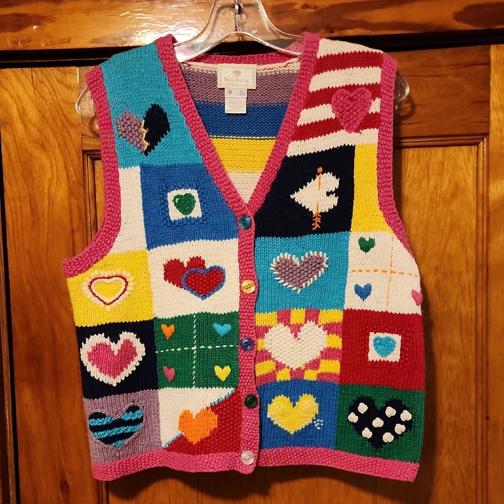 Susan Bristol Vintage Multicolor Hand Knit Embroidered Vest Heart Theme Medium